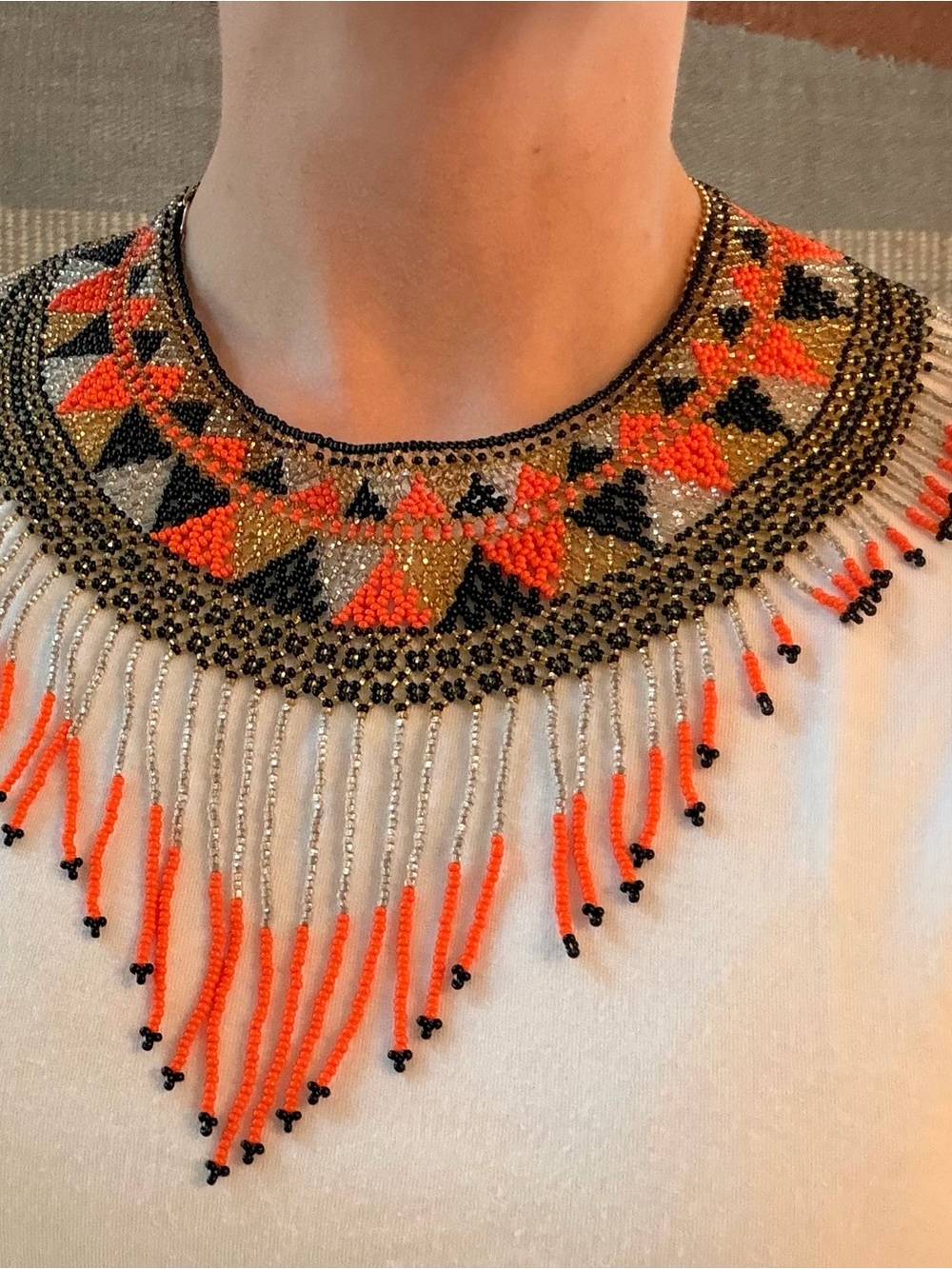 Handmade Beaded Fringe Bib Necklace - Orange, Black & Gold - MEXICO